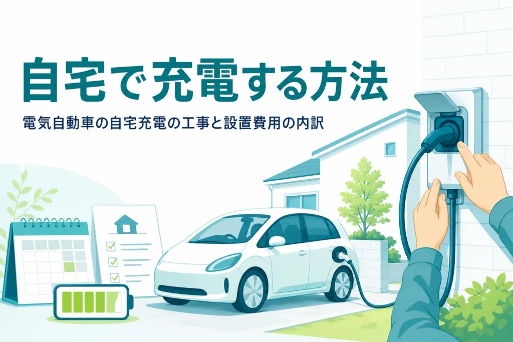 戸建て住宅の外壁のコンセントから電気自動車を充電する様子と、自宅充電の方法を紹介する記事タイトル