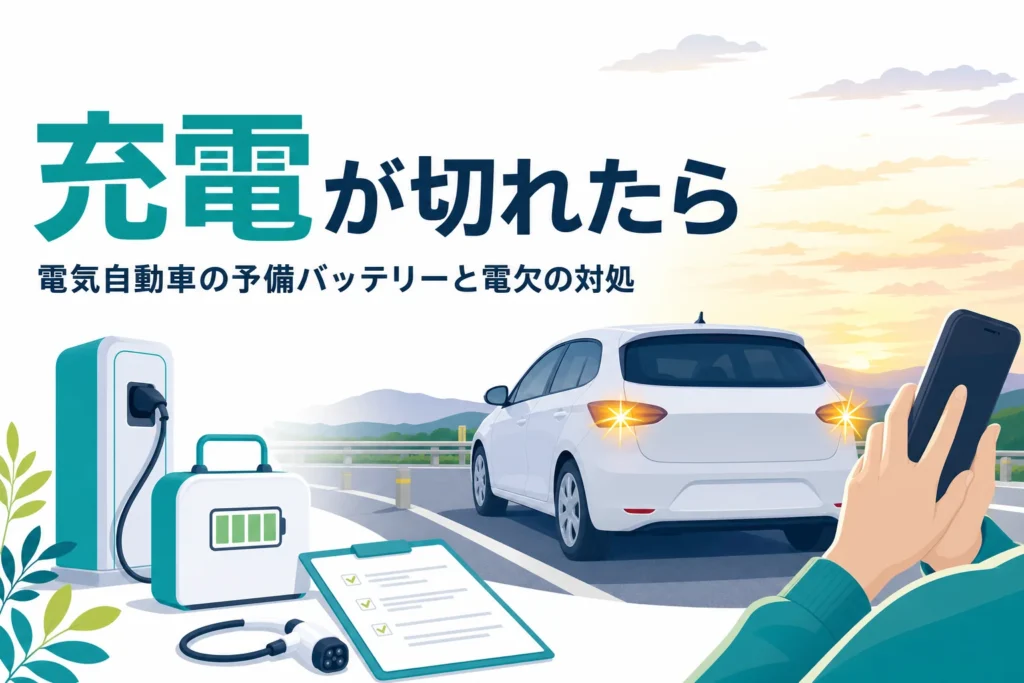 道路わきに停まった電気自動車とスマホで連絡する手元、電欠の対処を紹介する記事タイトル