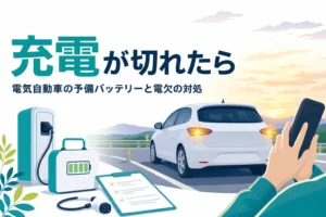 道路わきに停まった電気自動車とスマホで連絡する手元、電欠の対処を紹介する記事タイトル