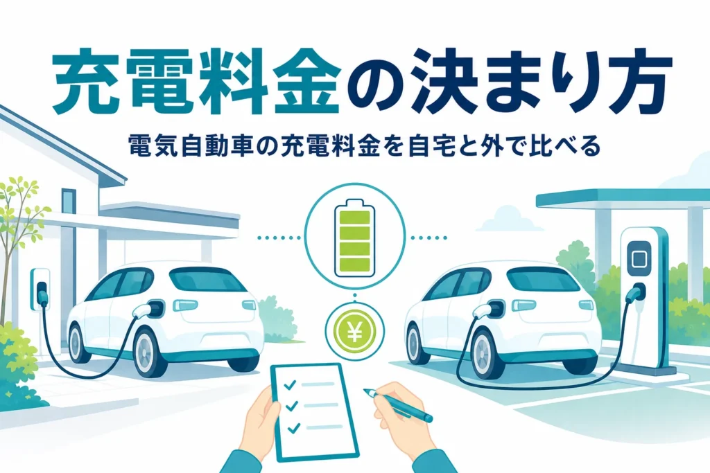 自宅の駐車場と外の充電スタンドで充電する電気自動車と、充電料金を比べる記事タイトル