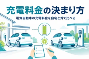 自宅の駐車場と外の充電スタンドで充電する電気自動車と、充電料金を比べる記事タイトル