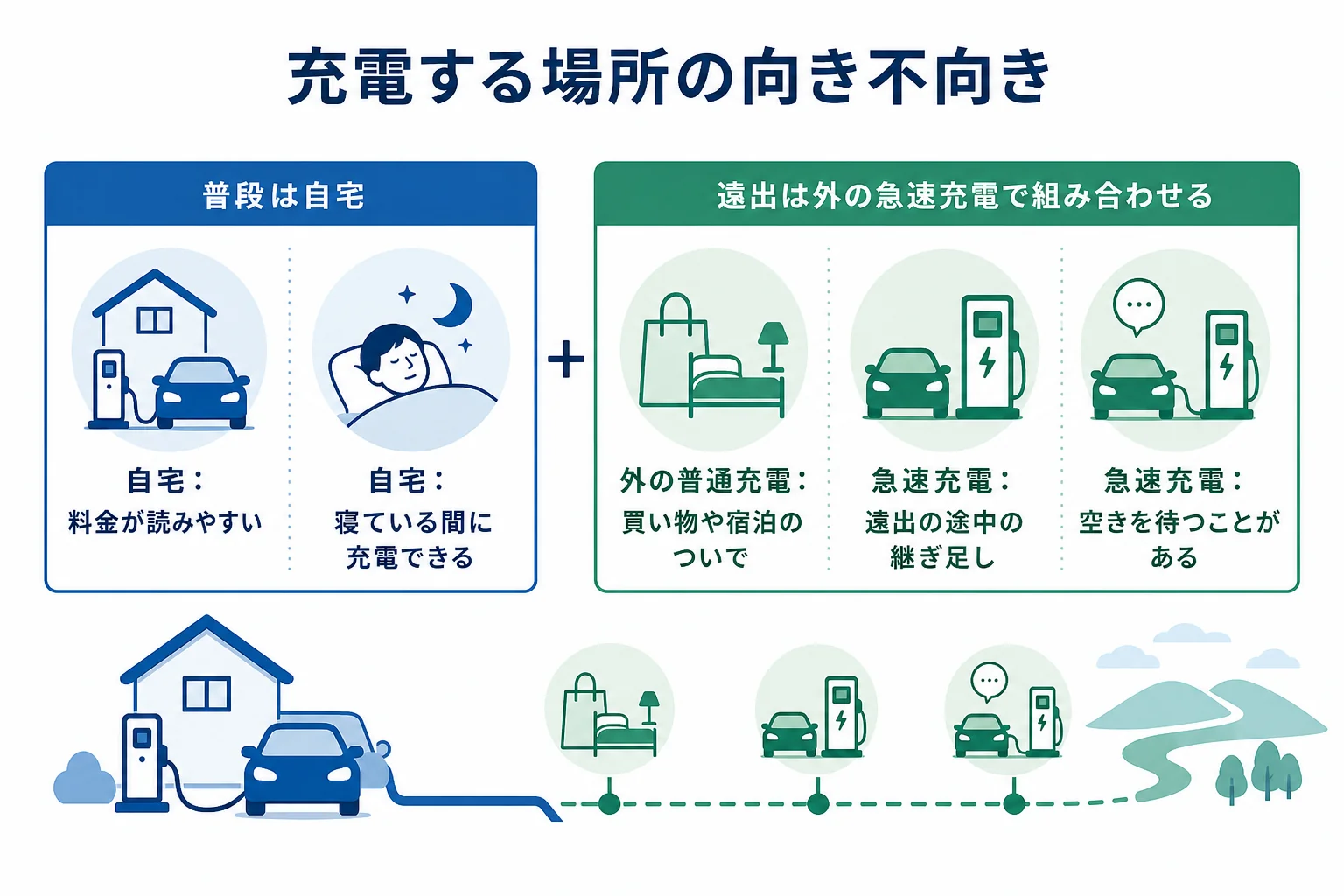 充電の場所ごとの料金の読みやすさ・かかる時間・向いている場面を比べた図解