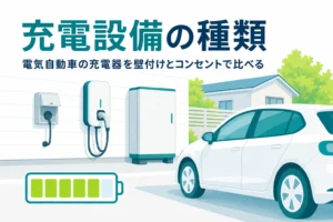 住宅の外壁に並んだコンセント・壁付けの充電設備・充放電設備と電気自動車、充電器の種類を紹介する記事タイトル