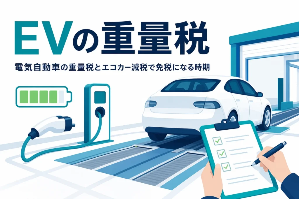 車検の検査ラインに入る電気自動車と「EVの重量税」の文字
