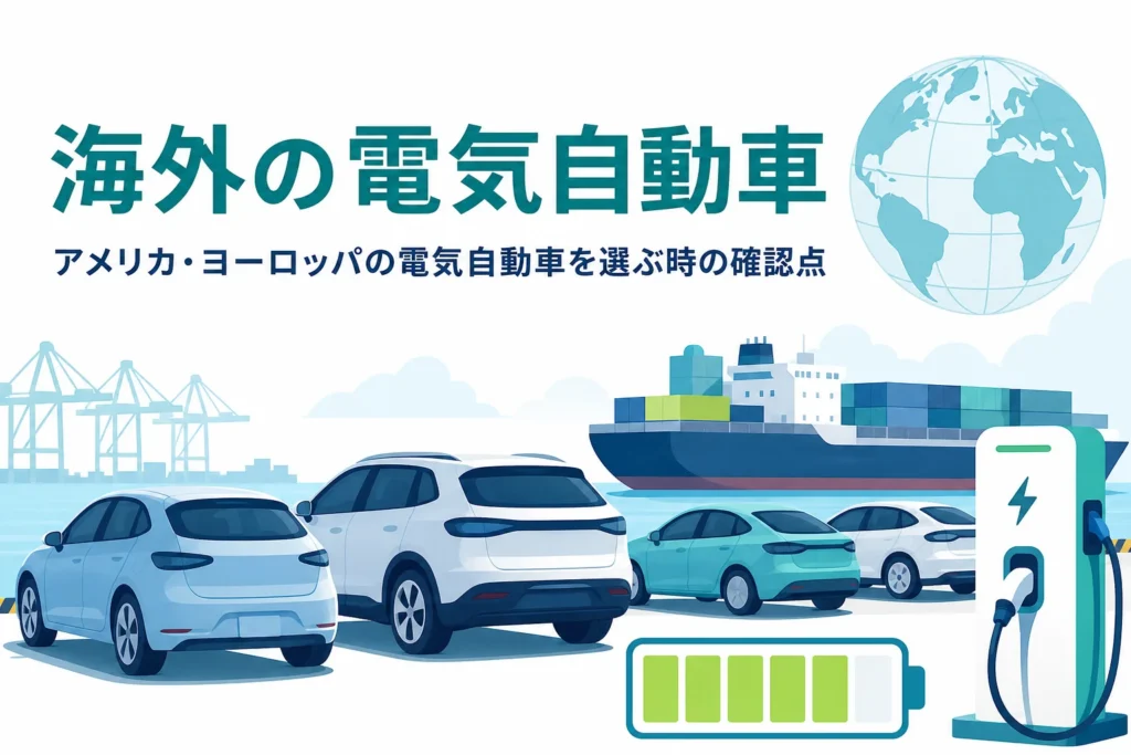港に並ぶ輸入の電気自動車と「海外の電気自動車」の文字