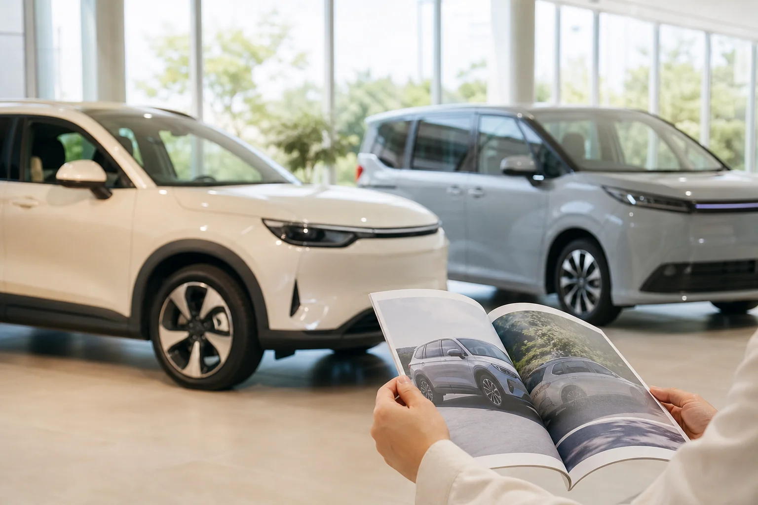 輸入車のショールームで電気自動車を見比べる様子を表した写真風イメージ