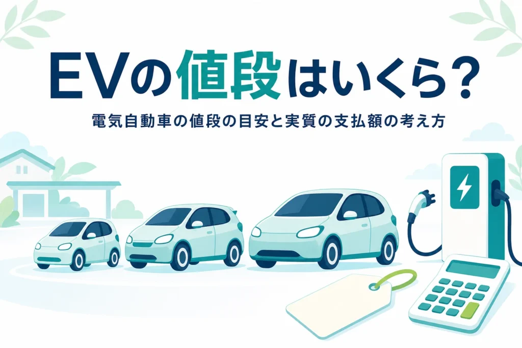 大きさの違う電気自動車が並ぶイラストと値札・電卓に、電気自動車の値段の目安を伝える記事タイトル