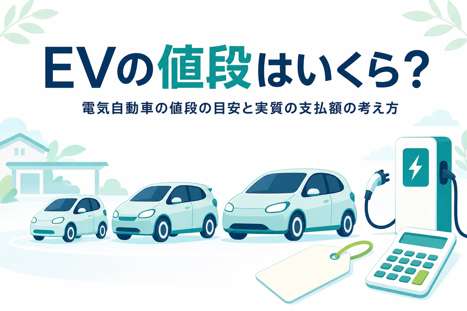 大きさの違う電気自動車が並ぶイラストと値札・電卓に、電気自動車の値段の目安を伝える記事タイトル
