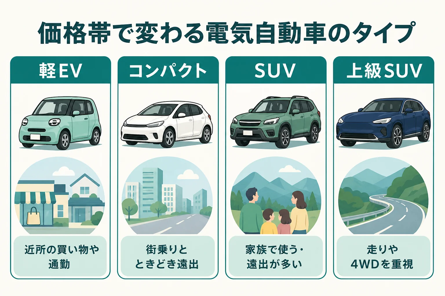 電気自動車を価格帯ごとに軽EV・コンパクト・SUV・上級SUVに分けて向いている使い方を示した図解