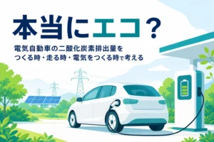 充電中の乗用車と太陽光パネルの風景に「本当にエコ？」の文字