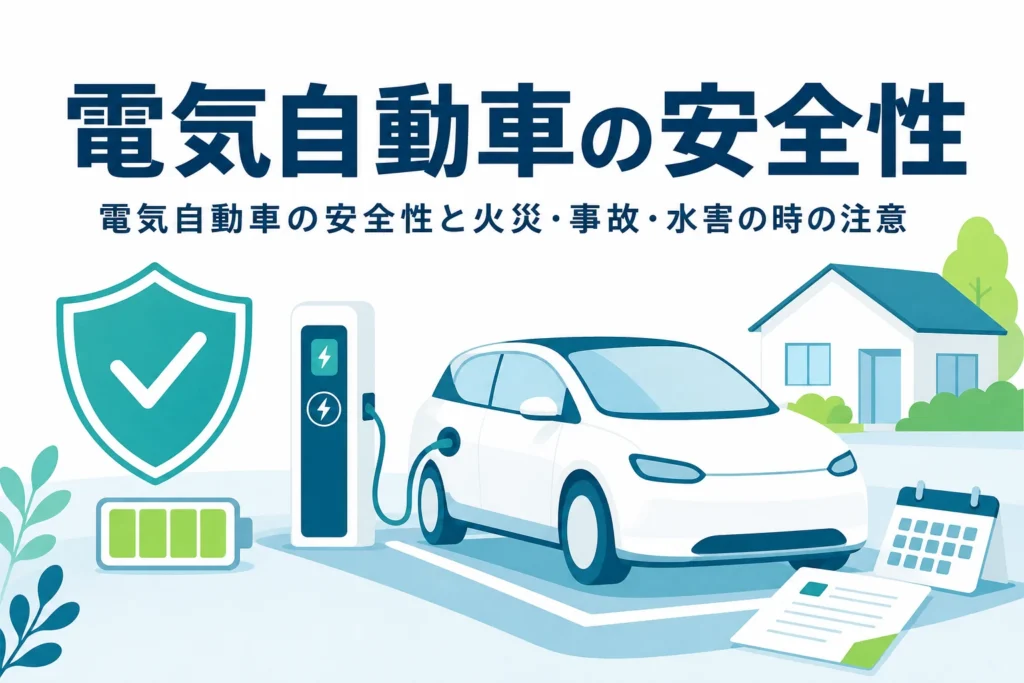 盾のマークと乗用車のイラストに「電気自動車の安全性」の文字