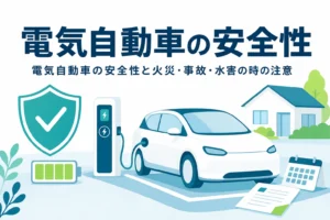 盾のマークと乗用車のイラストに「電気自動車の安全性」の文字