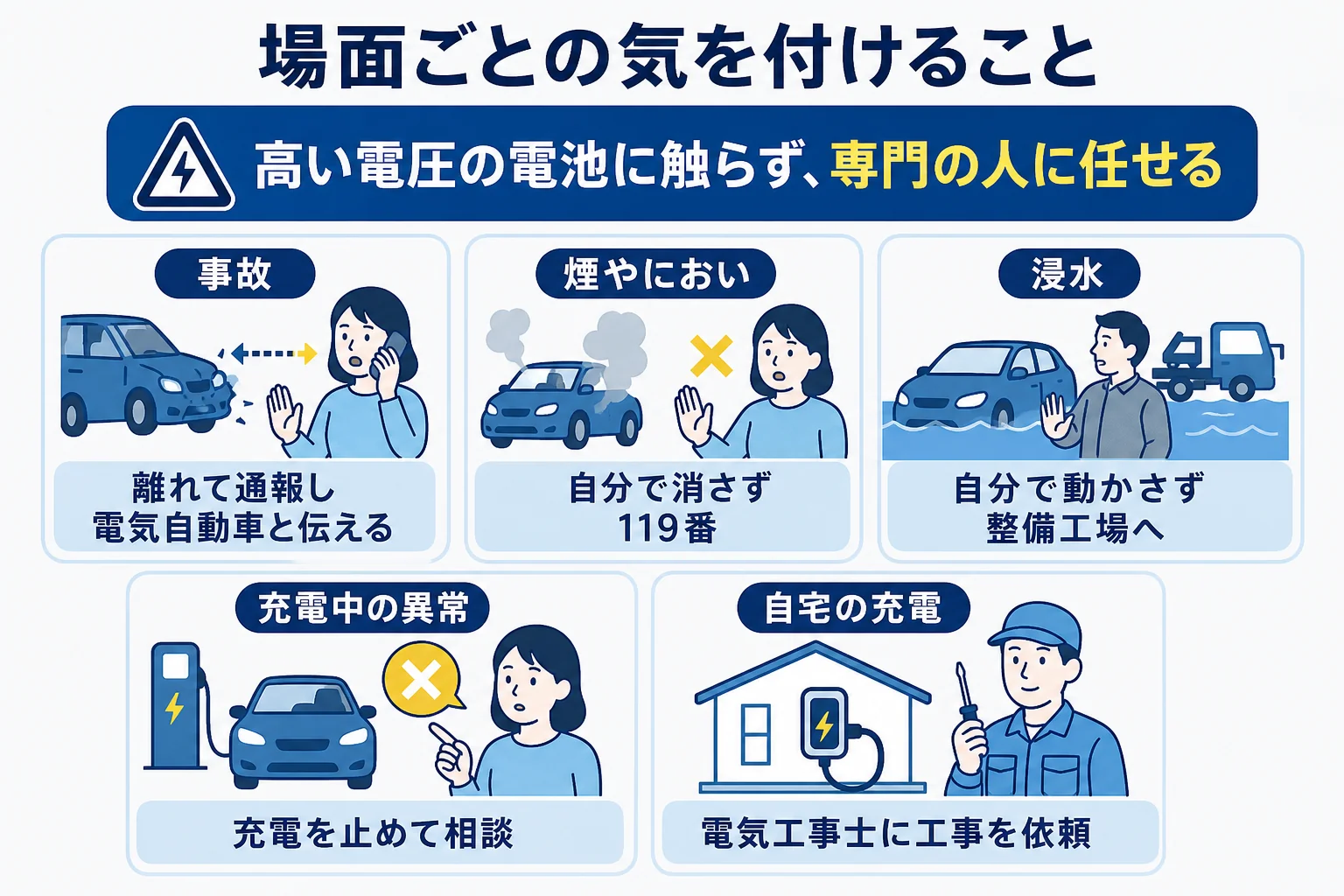 電気自動車で事故・水害・充電中のそれぞれの場面に気を付けることと、取るべき行動を並べた図解