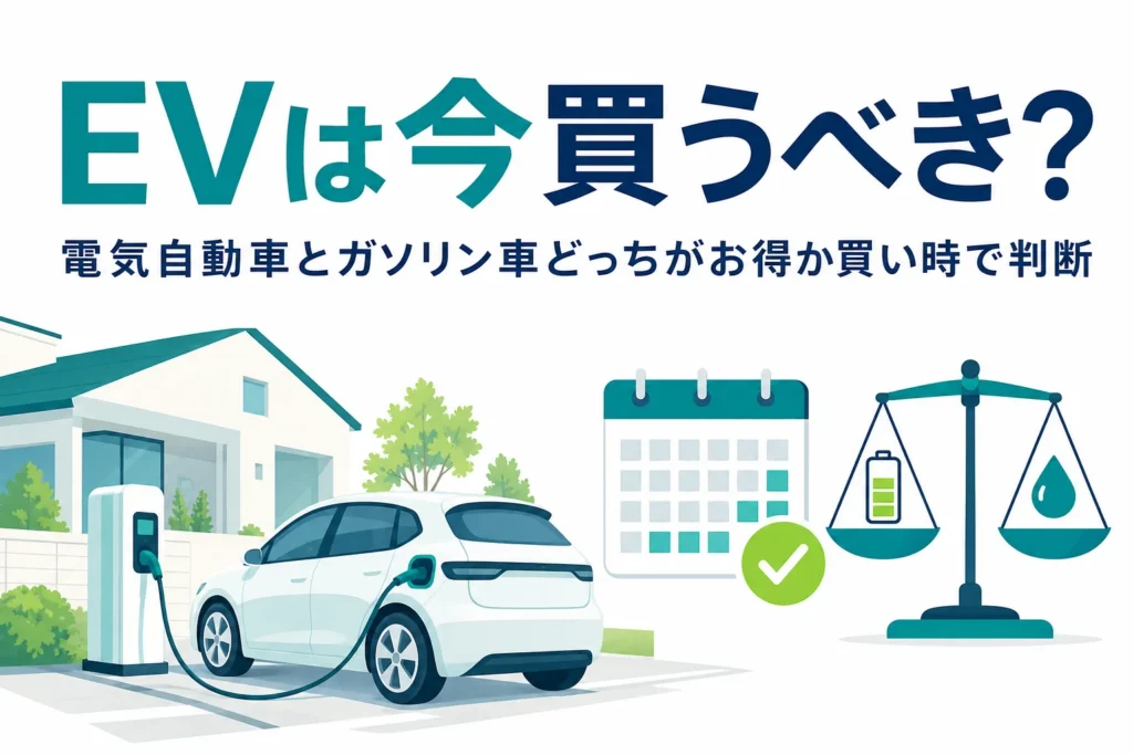 充電スタンドの前の電気自動車とカレンダー・天びんのイラストと、電気自動車の買い時を考える記事タイトル
