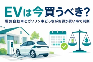充電スタンドの前の電気自動車とカレンダー・天びんのイラストと、電気自動車の買い時を考える記事タイトル