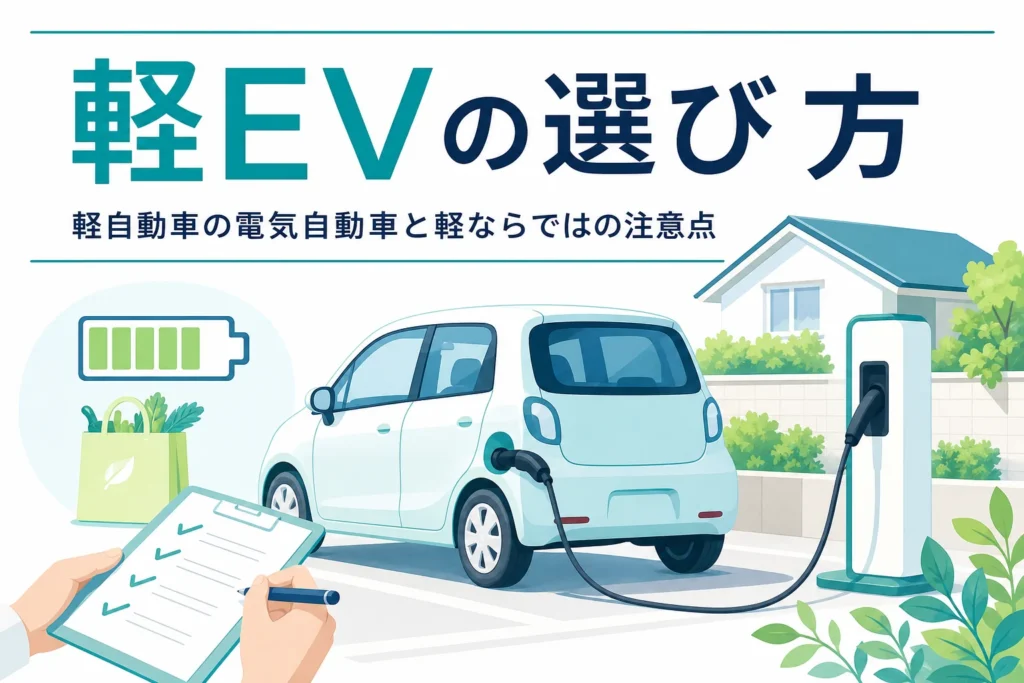 自宅の駐車場で充電中の軽の電気自動車のイラストと、軽自動車の電気自動車の選び方を伝える記事タイトル