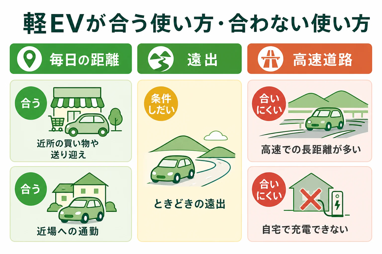 軽の電気自動車が合う使い方と合わない使い方を、1日の距離・高速道路・遠出の3つで分けた判断の図解