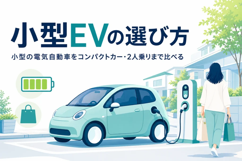 街の駐車スペースで充電スタンドの横に止まった小さな電気自動車のイラストと、小型の電気自動車の選び方を伝える記事タイトル