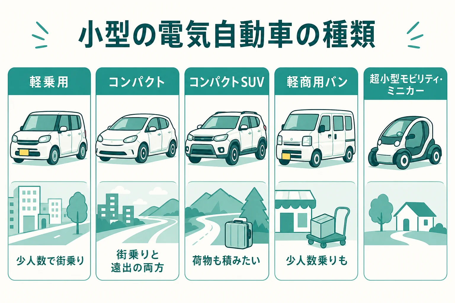小型の電気自動車を軽乗用・コンパクト・コンパクトSUV・軽商用バン・超小型モビリティの種類に分けて並べた図解