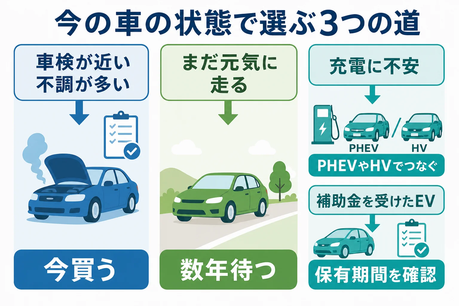 今の車の状態に合わせて、今買う・数年待つ・PHEVやHVでつなぐの3つから選ぶ判断の図解