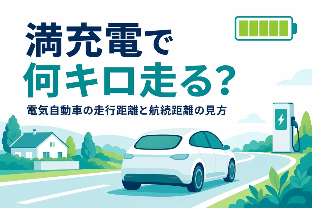 道路を走る乗用車と充電スタンドに、電気自動車の走行距離を紹介する記事タイトルを重ねたアイキャッチ