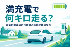 道路を走る乗用車と充電スタンドに、電気自動車の走行距離を紹介する記事タイトルを重ねたアイキャッチ