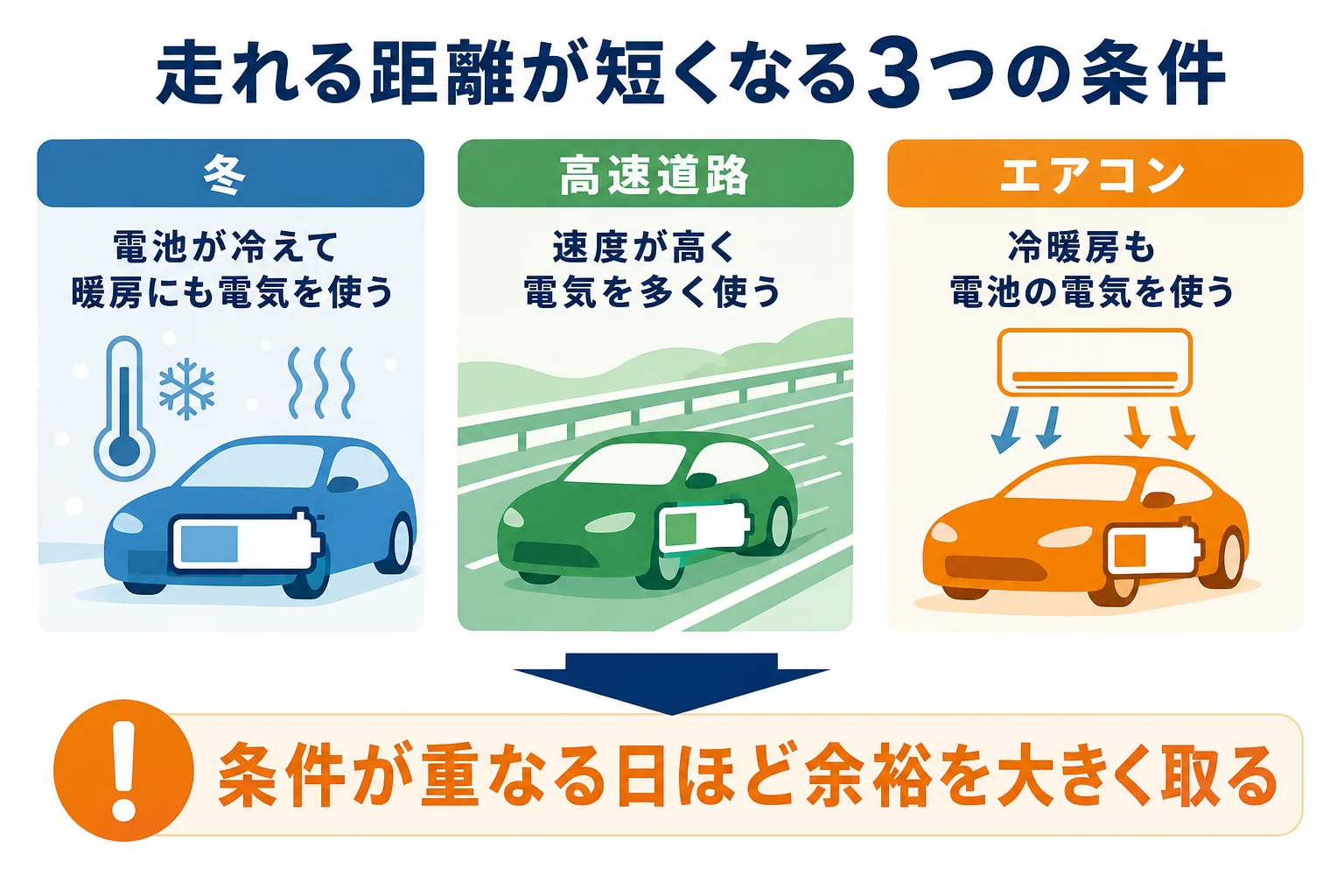 冬・高速道路・エアコンの3つの条件で電気自動車の走行距離が短くなる理由を並べた図解