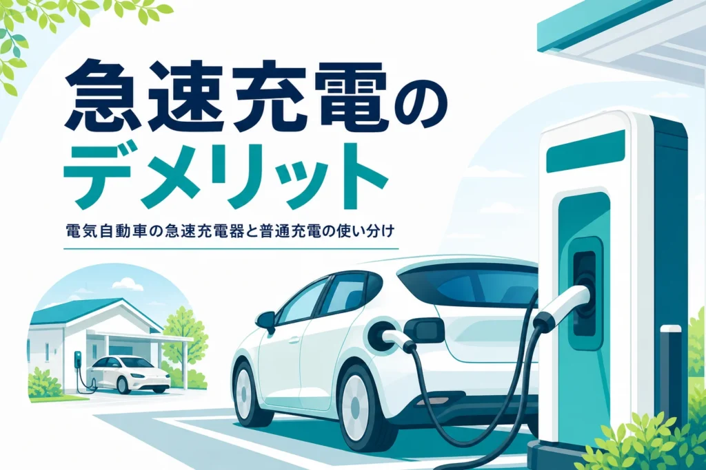 急速充電器で充電中の電気自動車と、急速充電のデメリットを紹介する記事タイトル
