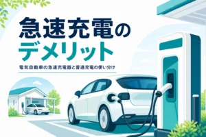 急速充電器で充電中の電気自動車と、急速充電のデメリットを紹介する記事タイトル