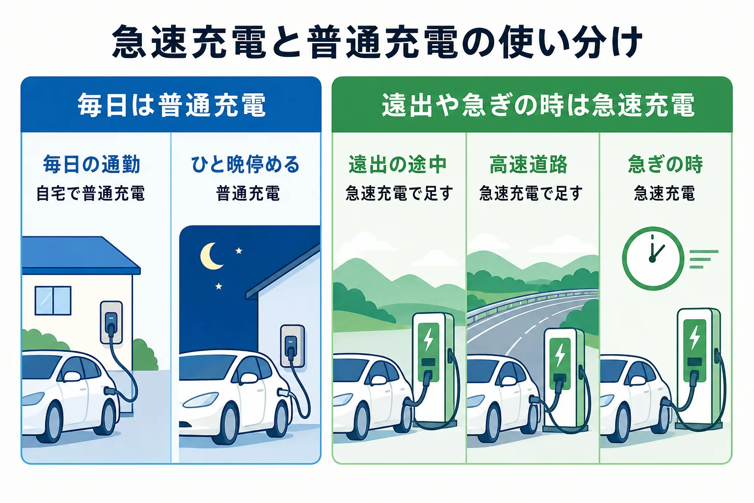 急速充電と普通充電の使い分けの目安を場面別に示した図解