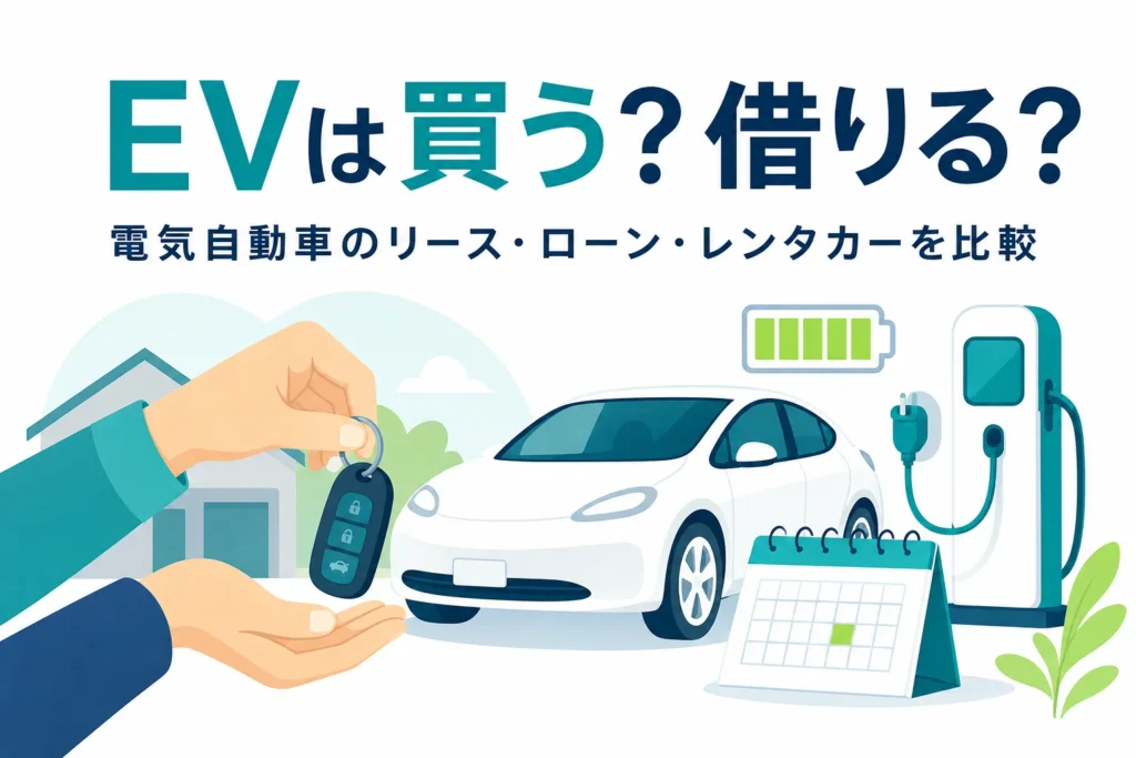 電気自動車のキーを受け取る手元と充電スタンドのイラストに、リース・ローン・レンタカーの比較を伝える記事タイトル