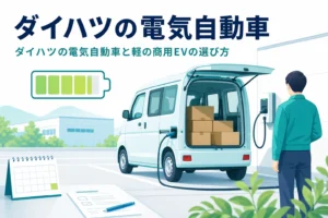 事業所の駐車場で充電中の軽商用バンのイラストと、ダイハツの電気自動車の選び方を伝える記事タイトル