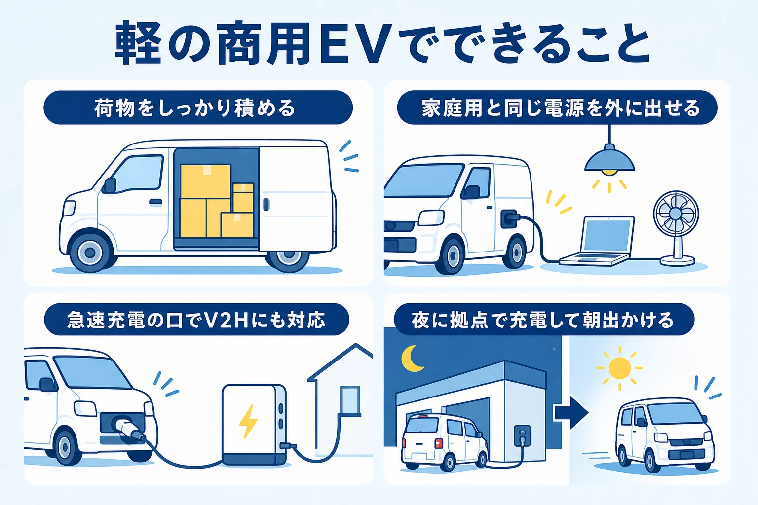 e-ハイゼット カーゴとe-アトレーの特徴として、外部給電・急速充電・積載を並べた図解