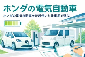 充電中の軽乗用の電気自動車と軽商用バンが並ぶイラストと、ホンダの電気自動車の選び方を伝える記事タイトル