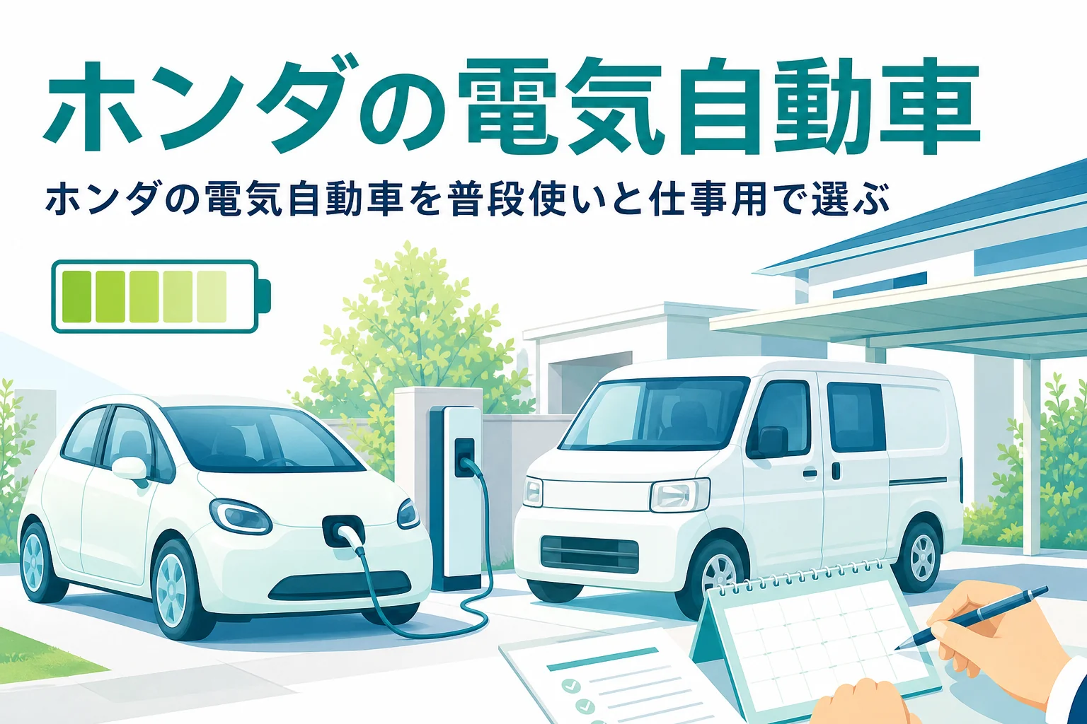 充電中の軽乗用の電気自動車と軽商用バンが並ぶイラストと、ホンダの電気自動車の選び方を伝える記事タイトル