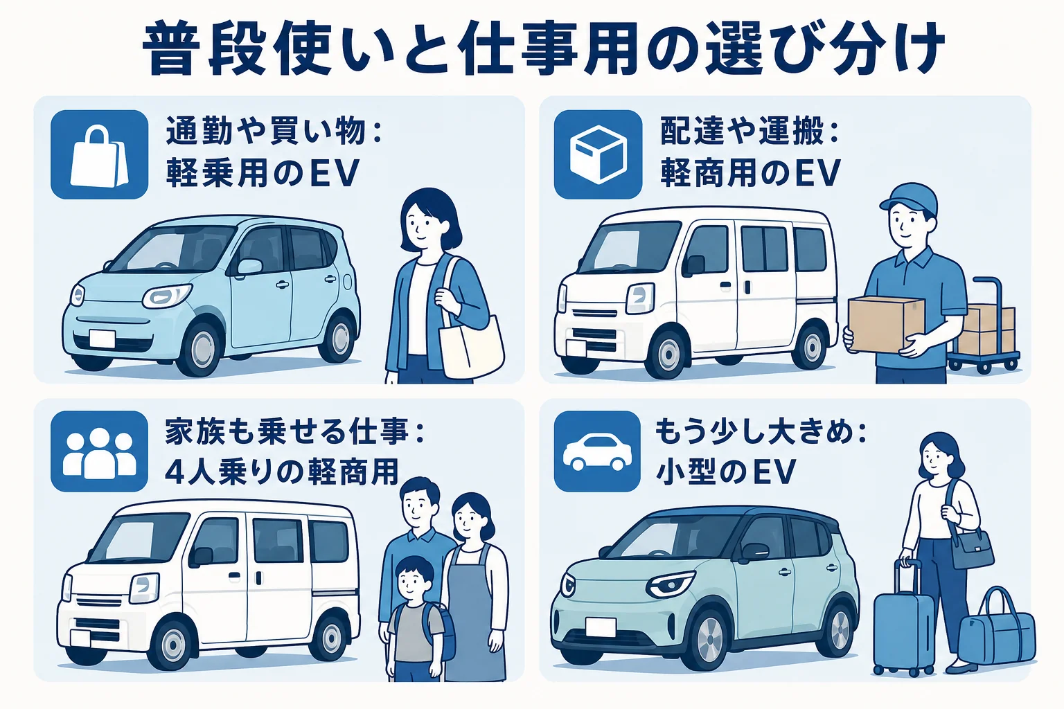 ホンダの軽EVを、普段使いならN-ONE e:、仕事で荷物を運ぶならN-VAN e:と、使い方の確認項目で選び分ける図解