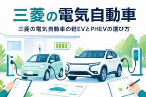 自宅の駐車場で充電中の軽の電気自動車とSUVのイラストと、三菱の電気自動車の選び方を伝える記事タイトル