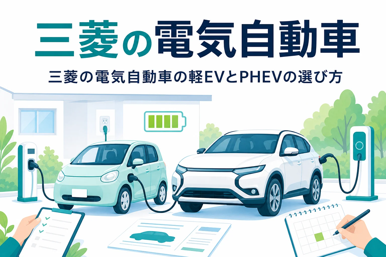 自宅の駐車場で充電中の軽の電気自動車とSUVのイラストと、三菱の電気自動車の選び方を伝える記事タイトル