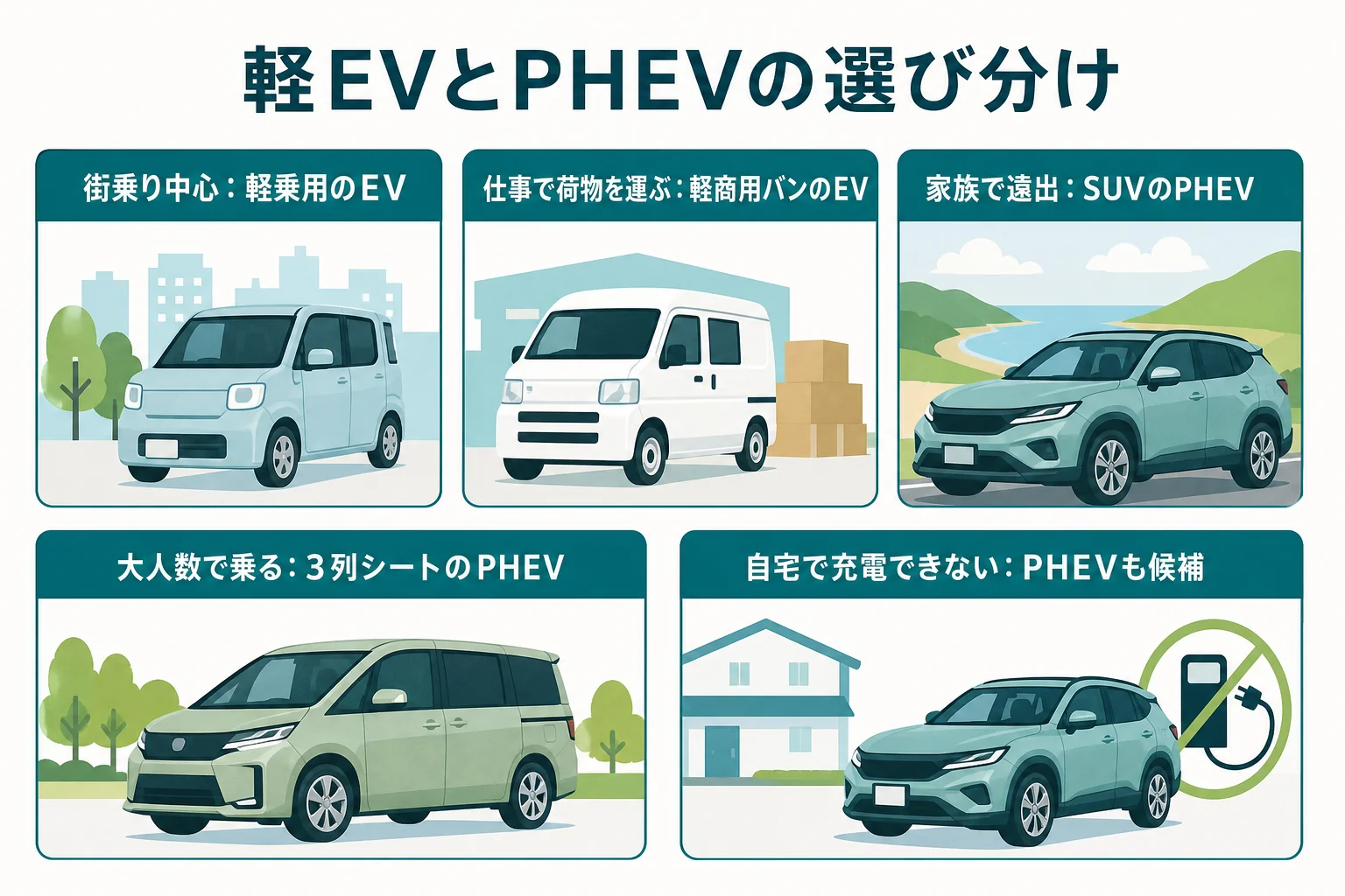 三菱の電気自動車を、街乗り・仕事・遠出・給電の使い方で軽EVとPHEVに選び分ける図解