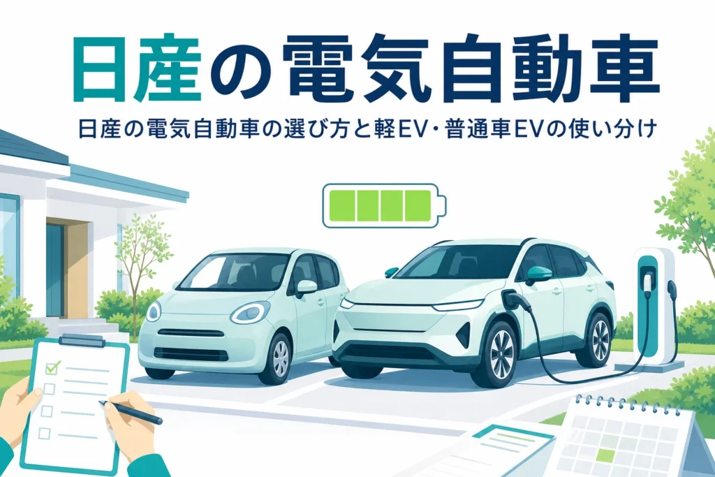 充電中の軽の電気自動車とSUV型の電気自動車が並ぶイラストと、日産の電気自動車の選び方を伝える記事タイトル