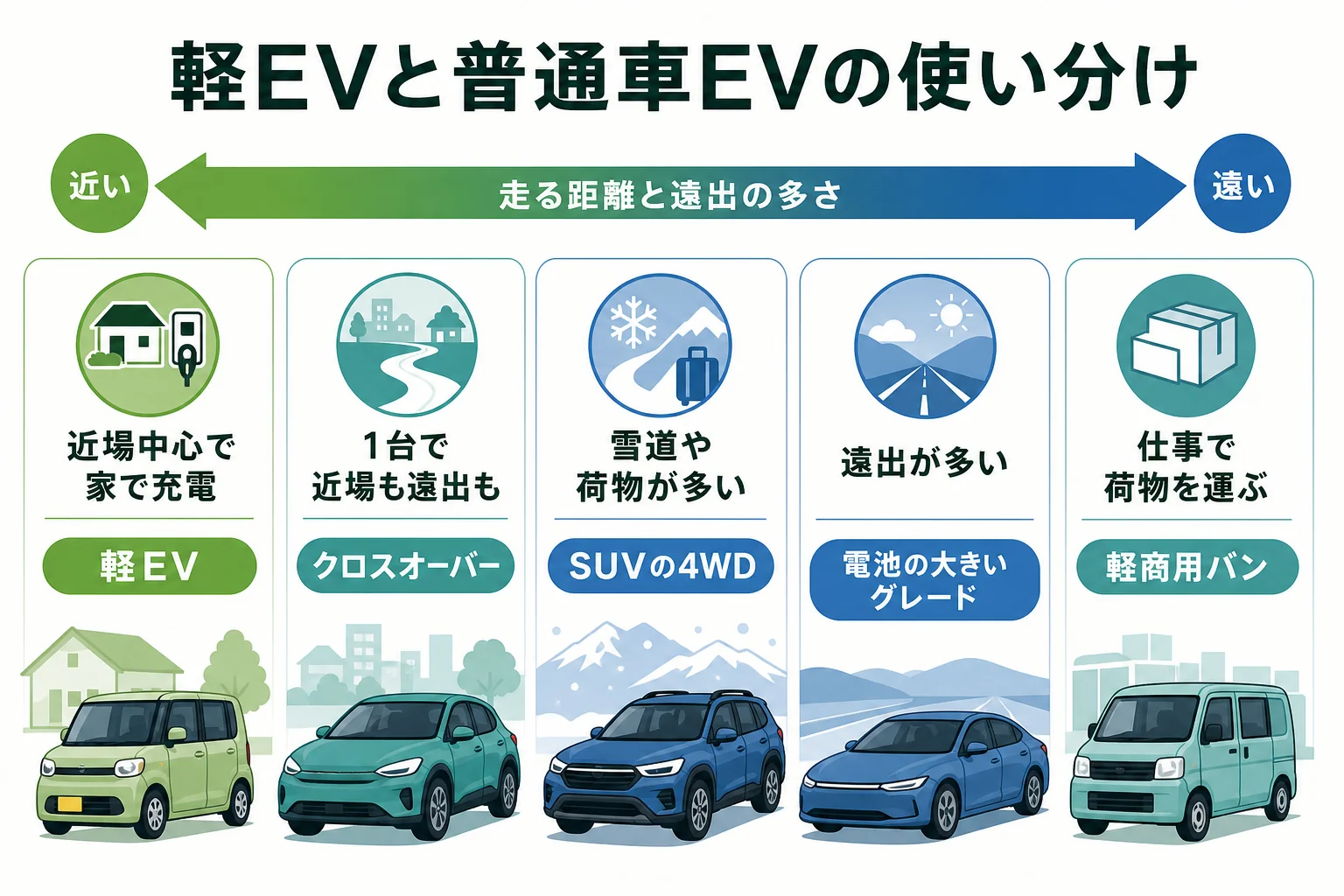 日産の電気自動車を一充電走行距離とボディタイプで並べ、軽EVと普通車EVの使い分けを示した図解