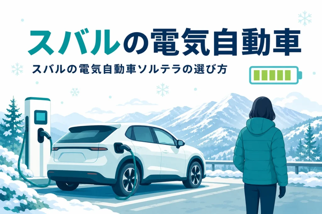 雪の残る駐車スペースで充電中のSUV型の電気自動車のイラストと、スバルの電気自動車の選び方を伝える記事タイトル