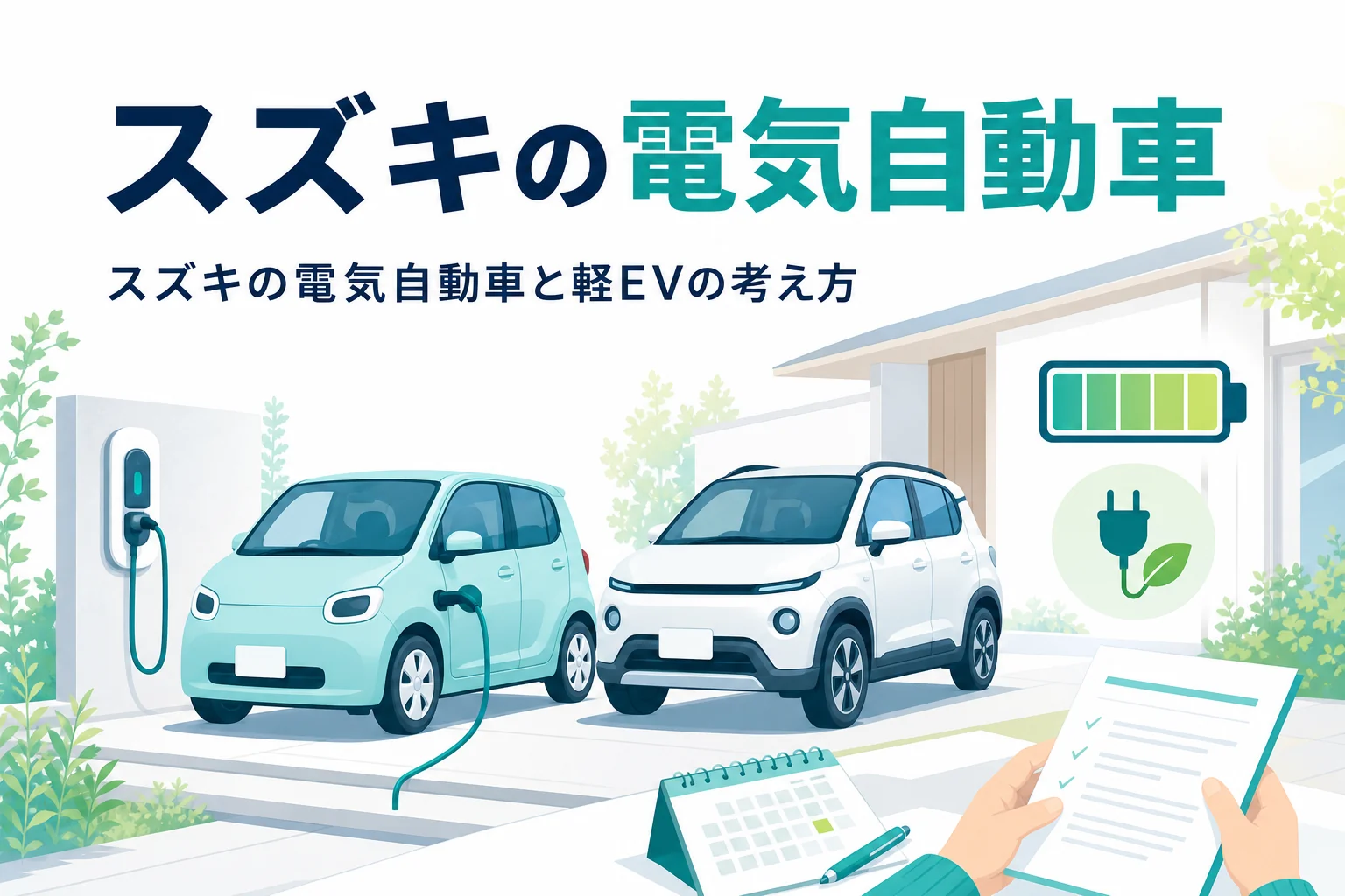 自宅の駐車場で充電中の軽の電気自動車と小型SUVのイラストと、スズキの電気自動車の考え方を伝える記事タイトル