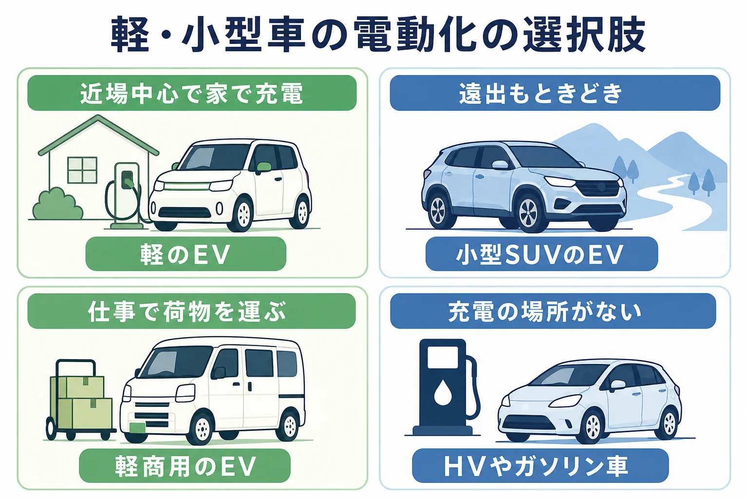 スズキの車を、近場の軽EV・遠出もする小型SUVのEV・仕事の軽商用EV・ハイブリッド車やガソリン車の4つの選択肢に分けた図解
