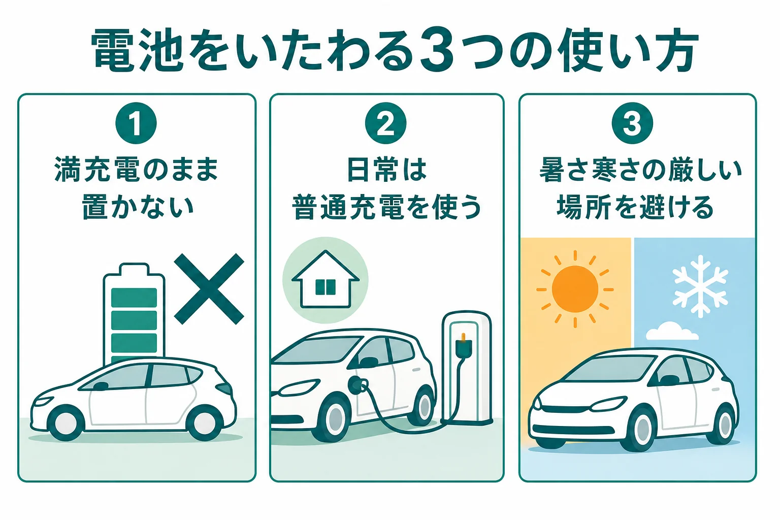 スズキが案内している、満充電のまま置かない・日常は普通充電・暑さ寒さを避けるという電池をいたわる3つの使い方の図解