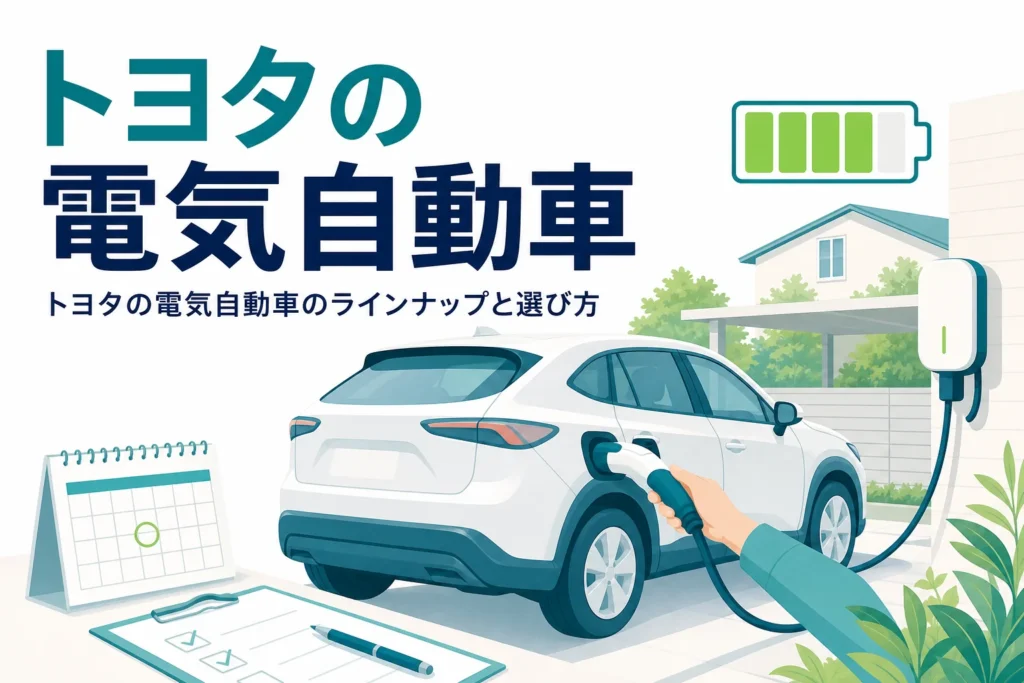 自宅の駐車場で充電中のSUV型の電気自動車のイラストと、トヨタの電気自動車の選び方を伝える記事タイトル