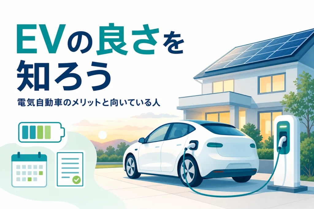 自宅の駐車場で充電する電気自動車と太陽光パネルのある家のイラストに、電気自動車のメリットを伝える記事タイトル