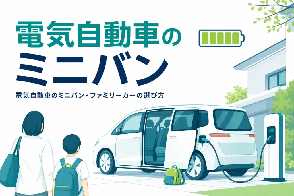 家の駐車場で充電中のミニバンと「電気自動車のミニバン」の文字