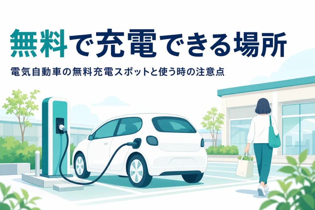 商業施設の駐車場で充電中の電気自動車と、無料充電スポットを紹介する記事タイトル