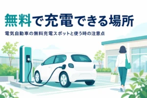 商業施設の駐車場で充電中の電気自動車と、無料充電スポットを紹介する記事タイトル